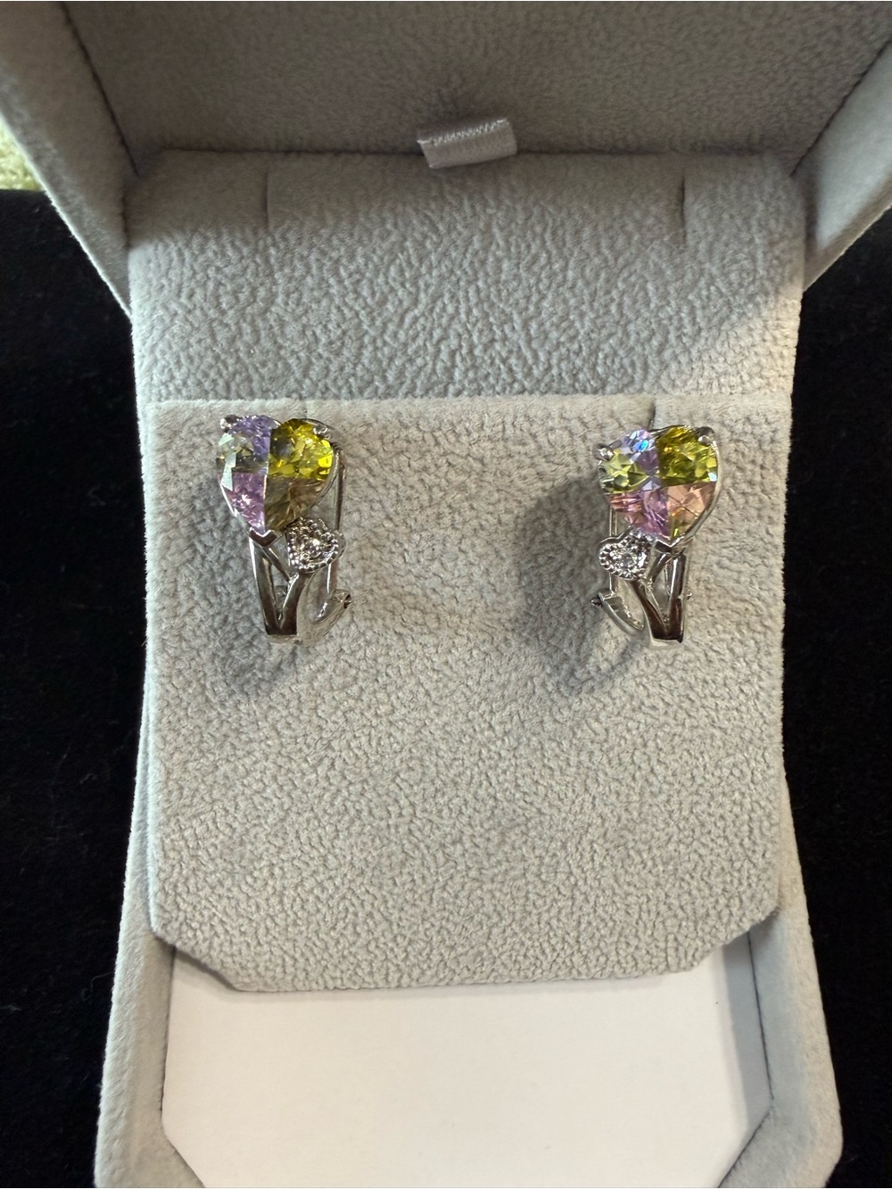 Sterling Silver Heart Earrings w Multi Colored Stones- Women Jewelry